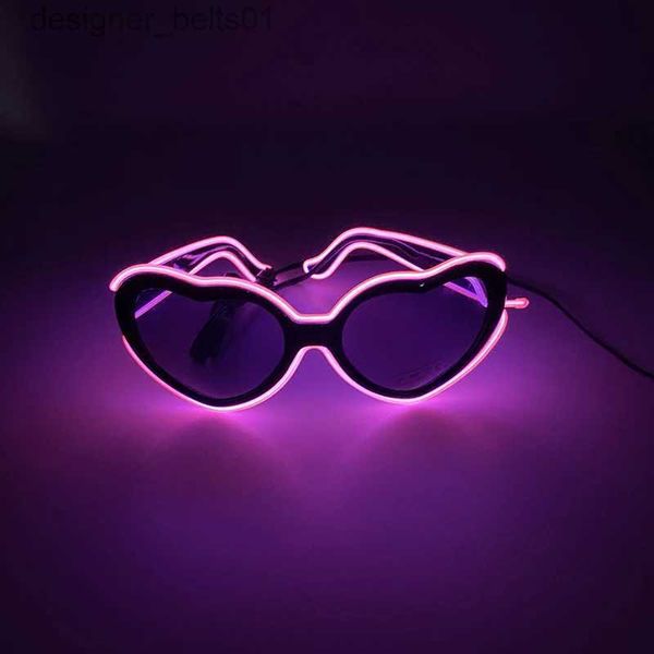 Óculos de sol moda coração ela óculos decorativos brilhantes decoração neon luz led óculos de sol para boate dj dança música performacel231218