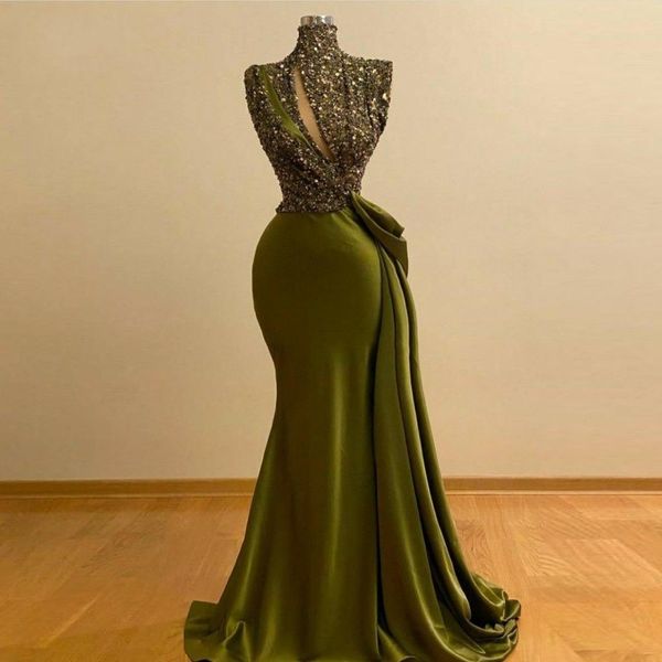 Vestidos de sereia verde de oliva modestos vestaglia donna de colarinho alto corpete de miçangas de lantejoulas longas vestidos de festa formal