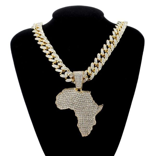 Collana con ciondolo mappa Africa in cristallo di moda per donna Accessori Hip Hop da uomo Collana con girocollo Collana a maglia cubana Gift309l