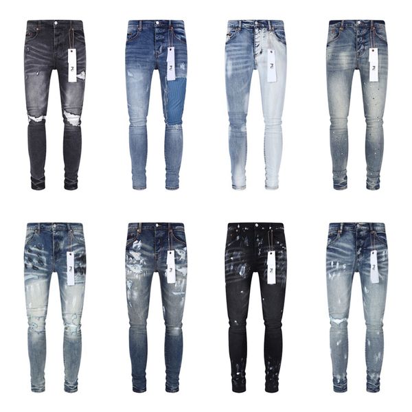 Lila Jeans Designerjeans für Herren Hose Stapelte Jeans Männer Baggy Jeans Tränen Europäische Jeans Hombre Herren Hosen Hosen Biker Stickerei Rippt für Trendgröße 29-40