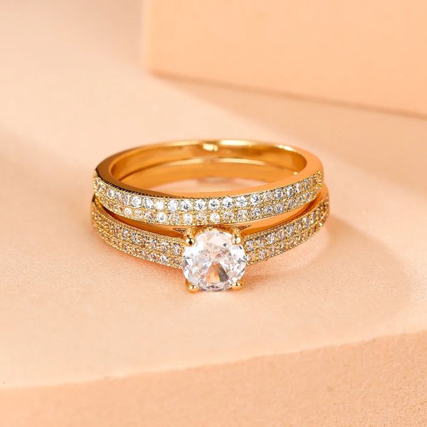 Anel solitário de luxo conjuntos de noiva redondos anéis de pedra para mulheres preto cor ouro branco zircão casamento bandas promessa anel de noivado conjunto de jóias 231218