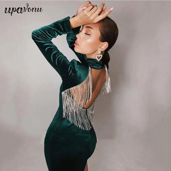 Maglioni Spedizione gratuita Alta qualità Nero Verde Moda sexy Backless Diamanti Nappa Rayon Veet Abito da sera Abiti da festa Vestidos