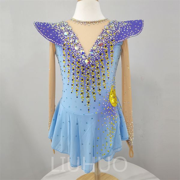 LIUHUO Eiskunstlaufkleid für Mädchen, Teenager, lange Ärmel, blau, Eislaufen, Tanzrock, hochwertige Kristalle, Tanzbekleidung, Ballettaufführung, Kristalle