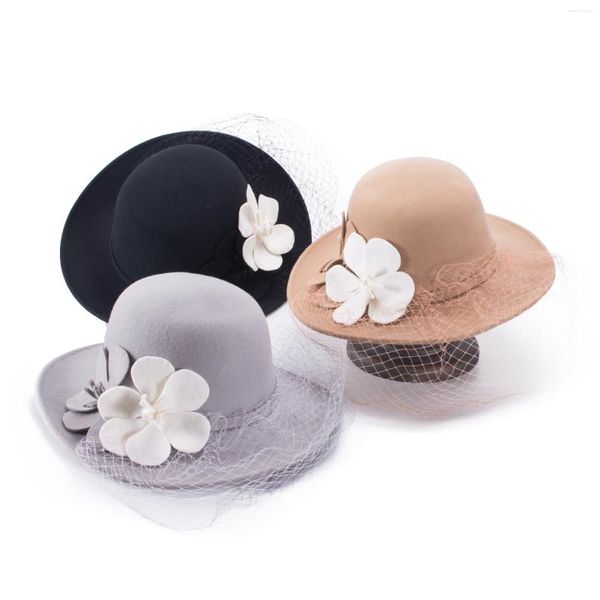 Berretti Lawliet Cappello Fedora a tesa larga con fiori in feltro di lana invernale da donna T398