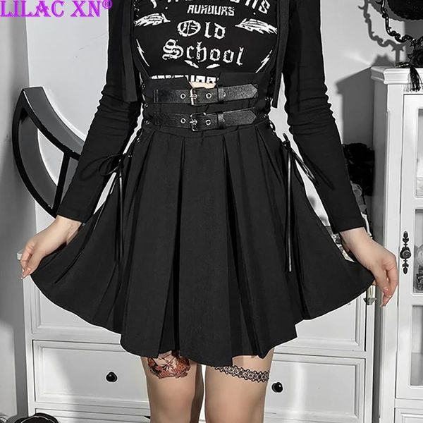 Костюмы Haruku raps Плиссированные мини -юбки для женщин Girls Vintage Black Sashes Bangage High талия Sexy A Line Skirt Streetwear