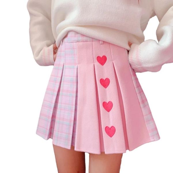 Свитера Haruku Kawaii клетчатая мини-юбка женская школьница Лолита косплей высокая талия сердце милые розовые трапециевидные плиссированные теннисные короткие юбки