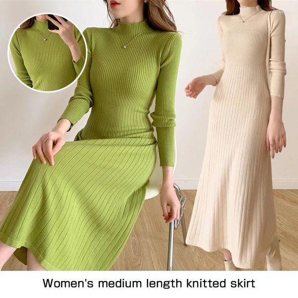 Casual Kleider Lange Gestrickte Kleid Frauen Winter Pullover Weibliche Elegante Dünne Hülse Knielangen Damen Warme Büro