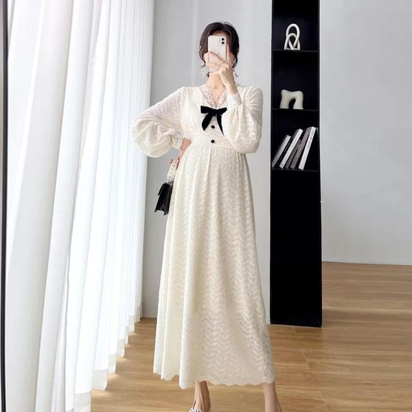 Kleider Umstandskleider Damen Frühling und Herbst Dünn Mode V-Ausschnitt Spitze Elegant Schleife Koreanischer Stil Formelle Schwangerschaftskleidung Übergröße