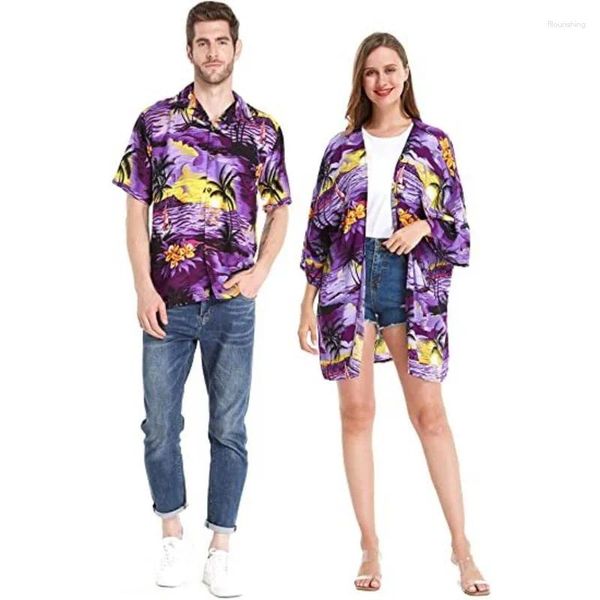 Roupa de banho feminina verão casal roupa havaiana praia férias festa tropical seaside coqueiro pôr do sol camisa ou quimono solto