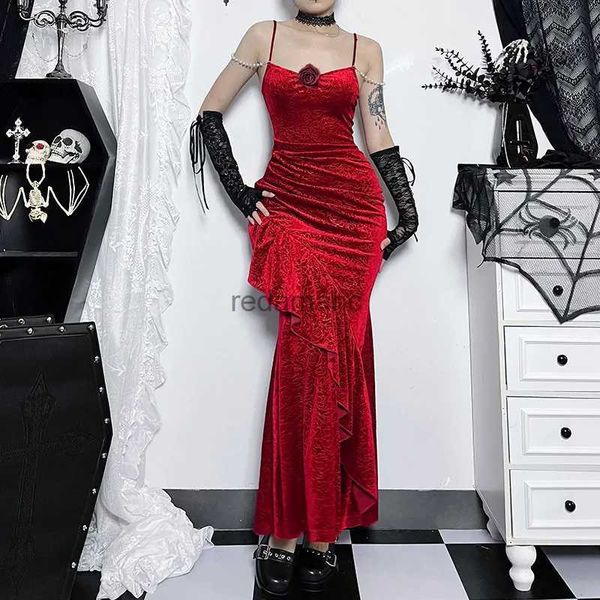 Базовые повседневные платья Goth Dark Vintage Gothic Элегантные вечерние платья русалки с оборками и подолом Формальная женская сексуальная одежда для вечеринок Гранж Красное бархатное осеннее платье YQ231218