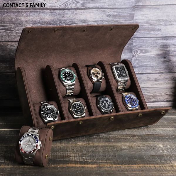 Scatole per orologi Custodie Scatola in pelle Crazy Horse Organizer per uomo Borsa da viaggio Custodia per orologi di lusso Custodia portatile Retro Display 231216