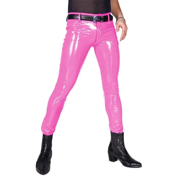 Calças masculinas látex meados de cintura magro moda versátil casual rua sexy pvc couro clube ds bar roupas 231218