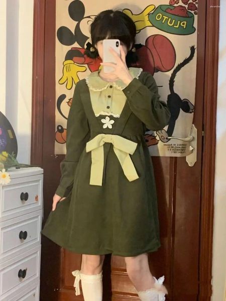 Casual Kleider Herbst/Winter Koreanische Mode Avocado Grün Langarm Puppe Neck Kleid Für Frauen Süße Nette Mädchen Schlank a-linie Kurz