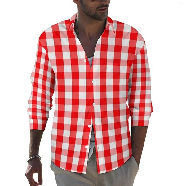 Camisas casuais masculinas vermelho gingham camisa xadrez de natal manga longa personalizado streetwear blusas outono vintage roupas de grandes dimensões