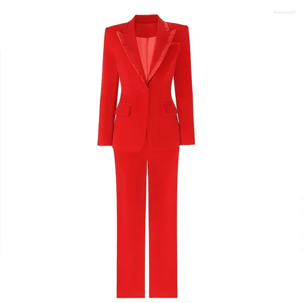 Pantaloni a due pezzi da donna Abiti da donna Set da ufficio Blazer slim fit in velluto rosso con abbigliamento elegante da donna alla moda per il lavoro professionale