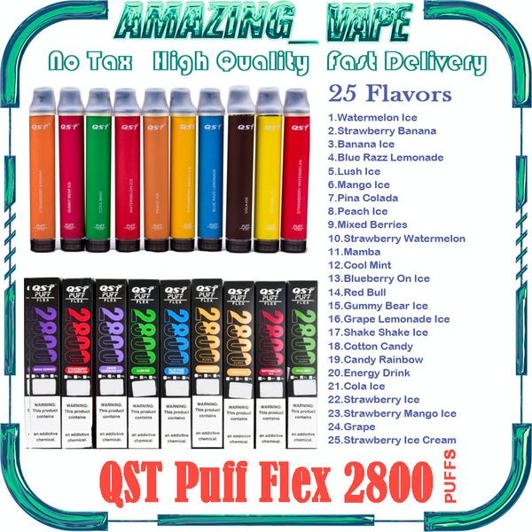 Original QST Puff Flex 2800 Puff Elektronische Zigaretten 0 % 2 % 3 % 5 % Level 8 ml vorgefüllter Pod Einweg-Vape 1000 mAh Akku-Verdampfer mit 25 Geschmacksrichtungen