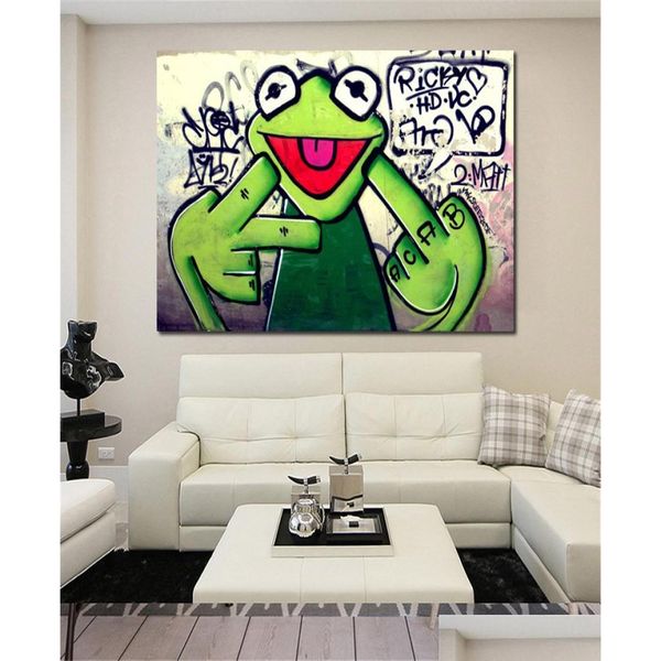 Картины на холсте Street Iti Art Frog Kermit Finger Poster Print Масло с животными Настенные панно для гостиной Unframed5060105 Dr Dhr4T