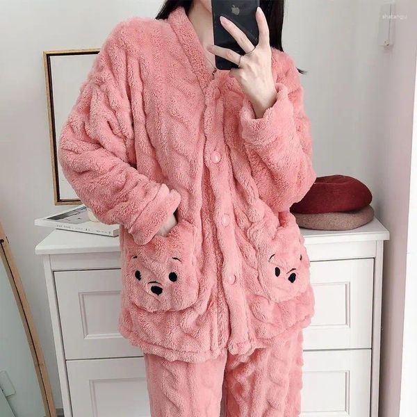 Kadın pijama sevimli kadın pijama seti kış polar 2 adet pantolon cep ev takım elbise kabarık piiama sıcak düğme moda gece aşınma 2023