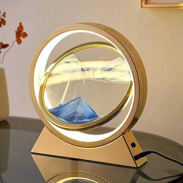 Декоративные объекты Статуэтки Светодиодная настольная лампа с движущимся песком Art Night Light 3D Sandscape Песочные часы Прикроватные лампы Flowing Sand Gifts 231216