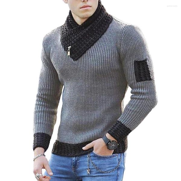Suéter masculino de malha estilo cachecol, suéter de gola alta, slim fit, cor sólida, quente, vintage, pulôver de algodão, roupas masculinas