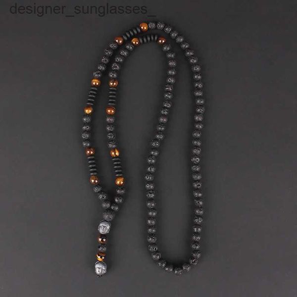 Collane con ciondolo New Vintage Pietra naturale occhio di tigre Perle di lava nera Collana con ciondolo testa di Buddha per uomo Gioielli Hnadmade N012L231218