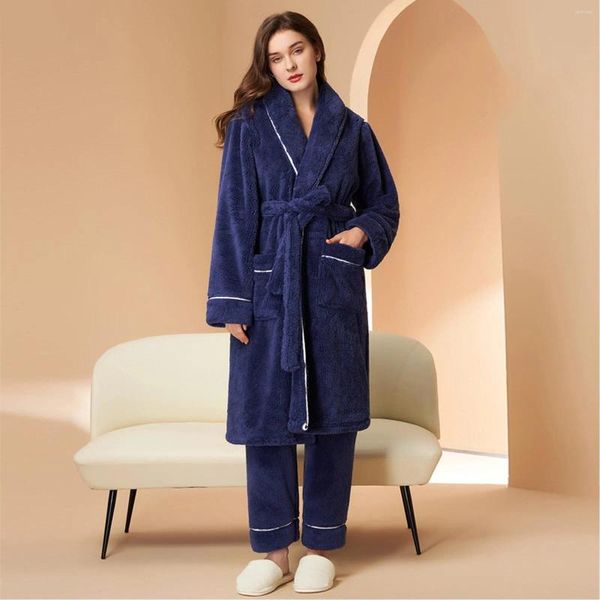 Women's Sleepwear Plus Size Home Wear Set Thick Double Cotton Coral Fleece Pajama Winter Couple Tie Warm For