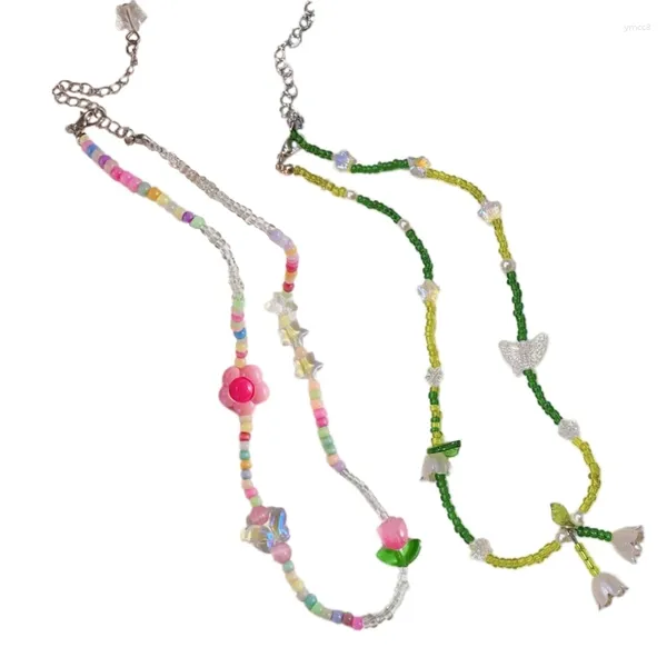 Anhänger-Halsketten, bunte Blumen-Perlen-Halskette, böhmischer Schmetterlings-Halsband, handgefertigter Samenperlen-Schlüsselbeinketten-Schmuck