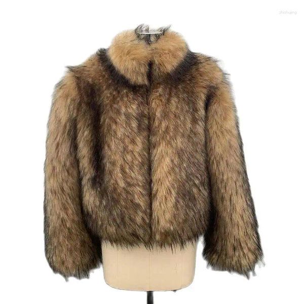 Damenpelz HJQJLJL 2023 Mode Frauen Faux Waschbär Mantel Weibliche Winter Dicke Warme Flauschige Pelzige Jacke Stehkragen Outwear