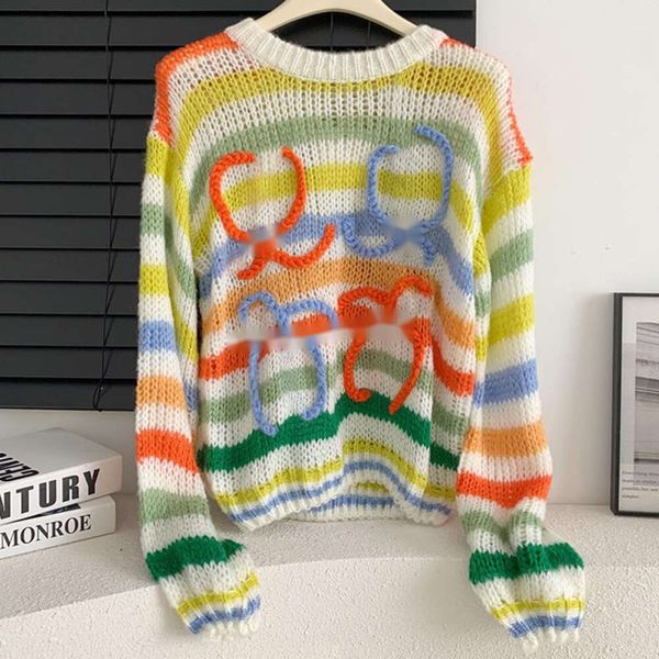 Женские свитера с длинными рукавами из мохера, винтажный дизайнерский женский свитер, зима 2023, шерстяной вязаный пуловер с круглым вырезом в радужную полоску, дизайнерская одежда, женский свитер loewe