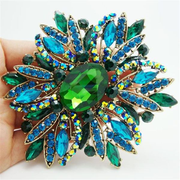 Intero - 2014 nuova moda elegante fiore placcato oro grande spilla pin verde strass Crystal276G