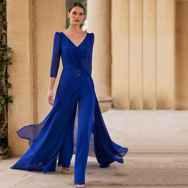 Blauer Chiffon-Anzug für die Brautmutter, V-Ausschnitt, 3/4-Ärmel-Outfit für Hochzeitsgäste, lange Jacke, Hosenanzug, Kleid für die Patin