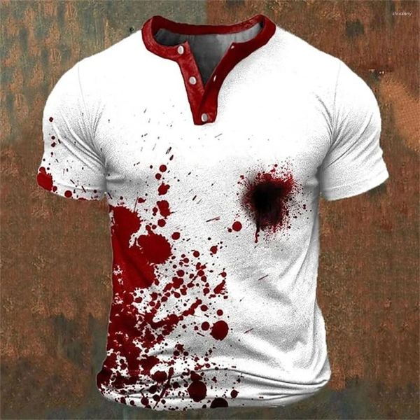 T-shirt da uomo Horror Blood Stampa 3D Henley Moda casual Streetwear Camicia a maniche corte abbottonata Uomo T-shirt maschile Tops Abbigliamento