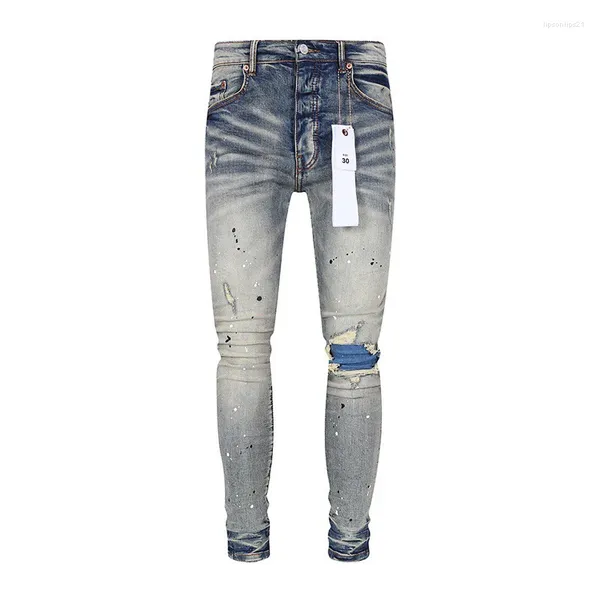 Jeans da uomo Stilista di moda di strada Viola Retro lavato blu elasticizzato Skinny Fit dipinto Pantaloni strappati da uomo rattoppati di marca Hip Hop