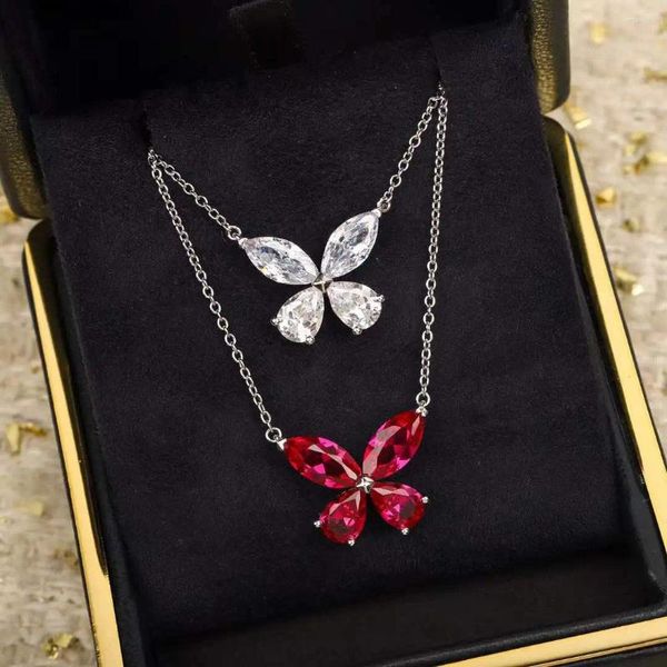 Ожерелья с подвесками, классический белый кубический циркон, ожерелье с бабочкой, стерлинговое серебро S925, хрустальные насекомые, женские ювелирные изделия с рубинами, колье на ключицу