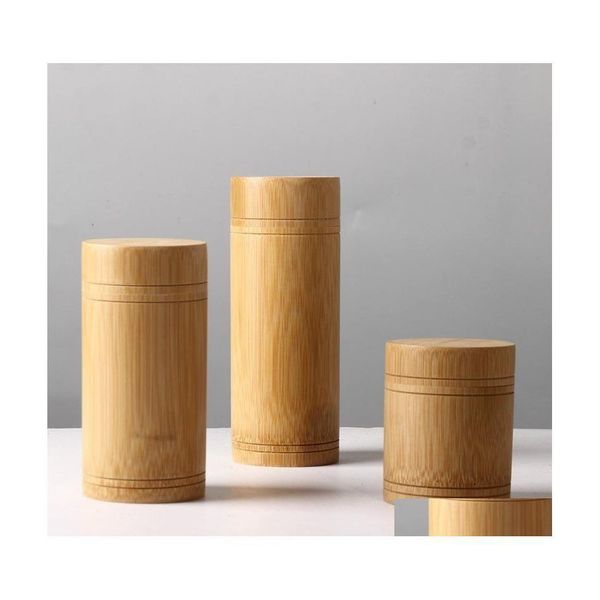 Scatole portaoggetti Contenitori Bottiglie di bambù Barattoli Contenitori di piccole scatole di legno fatti a mano per spezie Tè Caffè Zucchero Ricevi con coperchio Vintage L Dhfuq