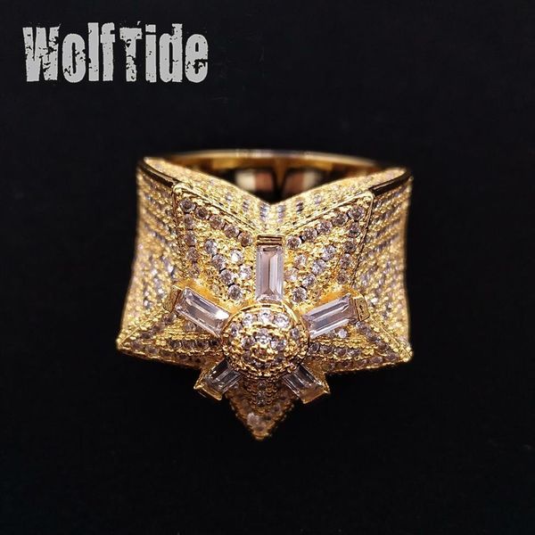 Iced Out CZ Hip Hop Pentagram Star Anello da uomo a fascia Nuovo personalizzato Top Quality Cubic Zirconia Gold Full Diamond Street Rapper Fing260h