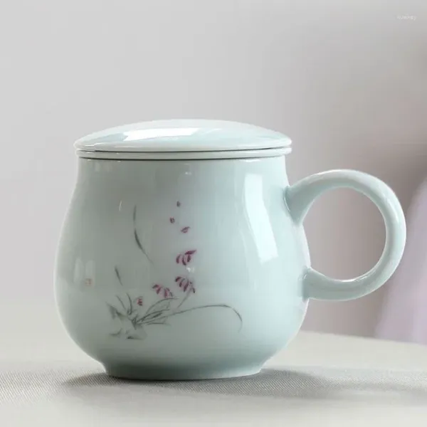 Copos pires estilo japonês retro escritório cerâmica xícara de chá com tampa separação de água marca tira de filtro resistente ao calor