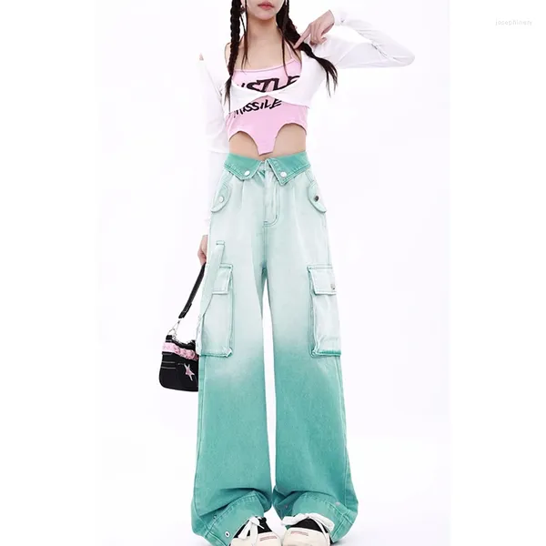 Damen Jeans Damen Blau Kontrastfarben Hohe Taille Amerikanische Straße Weites Bein Hosen Mode Hip Hop Vintage Gerade Winterhose