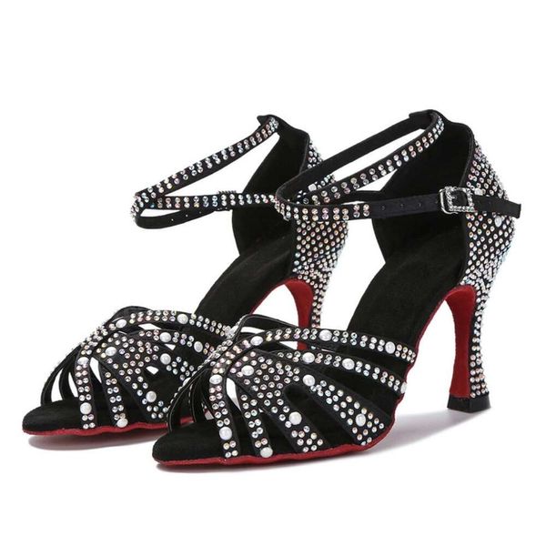 Wuxijiao mulheres dança latina strass fundo macio salsa sapatos para dançar senhoras sandálias de casamento feminino saltos altos 7.5c 230516