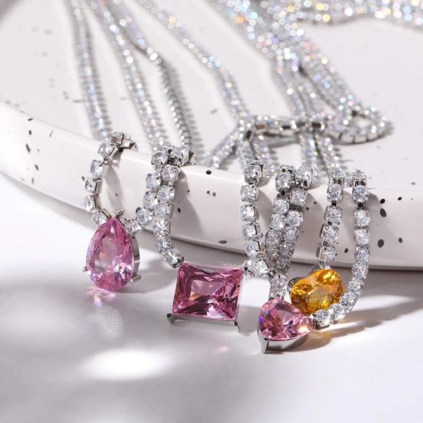 Collane con ciondolo Collana con zirconi da tennis di lusso in acciaio inossidabile per donna Goccia d'acqua Cuore quadrato Zircone cubico Cristallo Accessori rosa