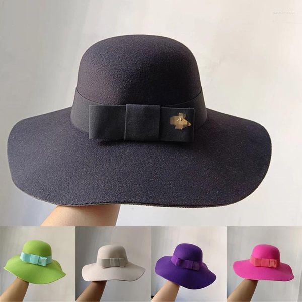 Berets 2023 Damen Fedora Hut Mode Elegant mit Fliege Frau Dame Party Hochzeit Formale Gelegenheit Flooply Krempe Filzhüte