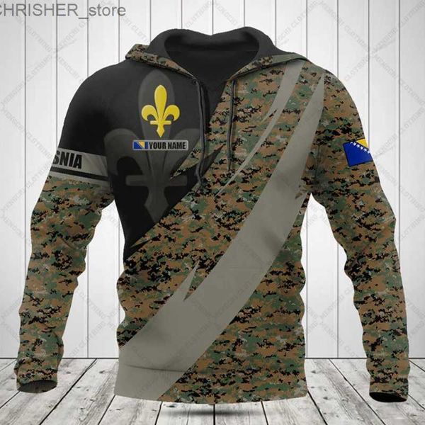 Taktische Jacken Benutzerdefinierte Name Bosnien Lilie Symbol Camouflage Hoodies Lose Unisex Pullover Sweatshirts Winter Casual Tops Outdoor StreetwearL231218
