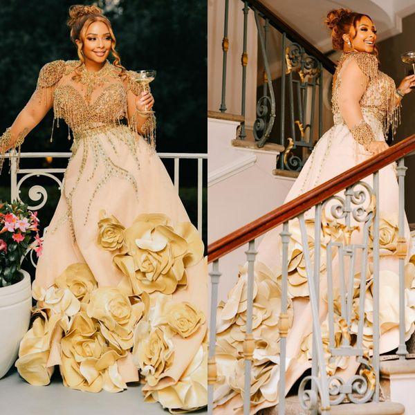 Lussuosi abiti da ballo Aso Ebi in oro con strascico staccabile Taglie forti Perline Perle Pizzo Tulle Abito da sera formale Festa di compleanno Promdress Fidanzamento AM218