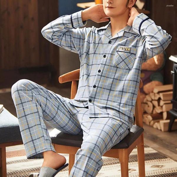 Pijamas masculinos conjunto de camisa de peito único listrado turn-down colarinho pijama confortável homewear com calças largas soltas