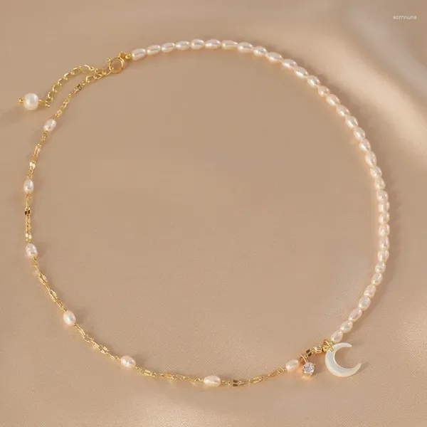 Anhänger Halsketten Minar Französische Süßwasserperle Weiße Farbe Muschel Mond Für Frauen 14 Karat Echtgold Überzogenes Kupfer Asymmetrie Halsband