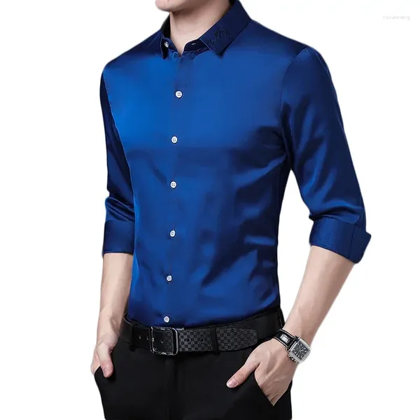 Camisas casuais masculinas bordados azuis reais seda como camisa Men marca Slim Fit Manves Mens Mens Vestido de Casamento Festa Tuxedo Chemsie Homme