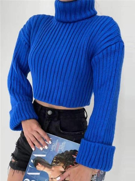 Kadın Sweaters Sweater Örtmece Örtbuva Kırpılmış Üst Gevşek Günlük Uzun Kollu Kadın Jumper 2023 Sonbahar Kış Mavi Bayanlar