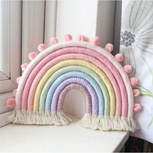 Dekorative Figuren Ins Nordic Regenbogen Gewebt Hängen Ornament DIY Seil Handgemachte Wand Dekor Baby Mädchen Zimmer Anhänger Dekoration