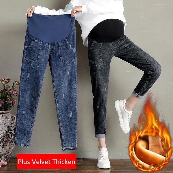 Kot fdfklak yeni artı kadife kalınlaştırıcı kot kot hamile kadınlar için analık pantolon m3xl büyük dört mevsim pantolon