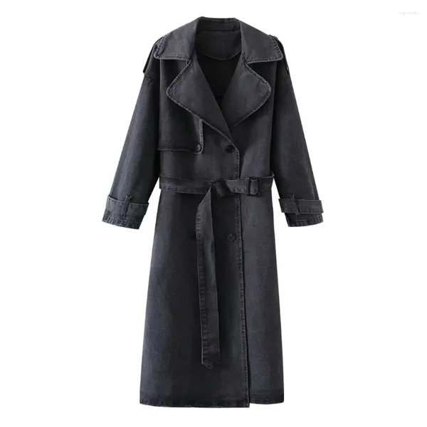 Trench da donna 2023 Tessuto denim moda con cintura Cappotto monopetto Retro Tasca a maniche lunghe Chic